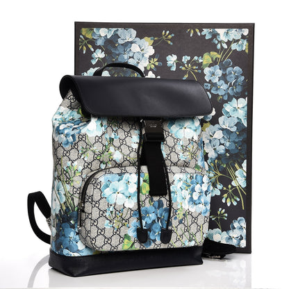 Gucci GG Supreme Monogram Blooms Medium Single Buckle Backpack Beige Blue Navy 8 of 8