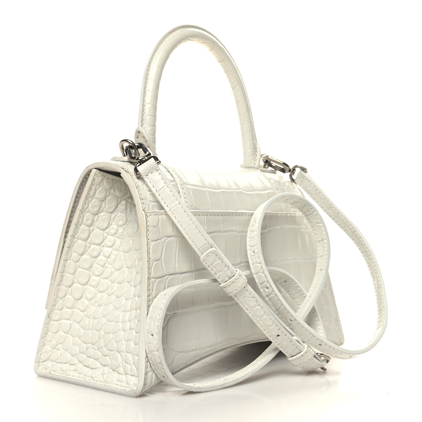 Calfskin Crocodile Embossed Small Hourglass Top Handle Bag White