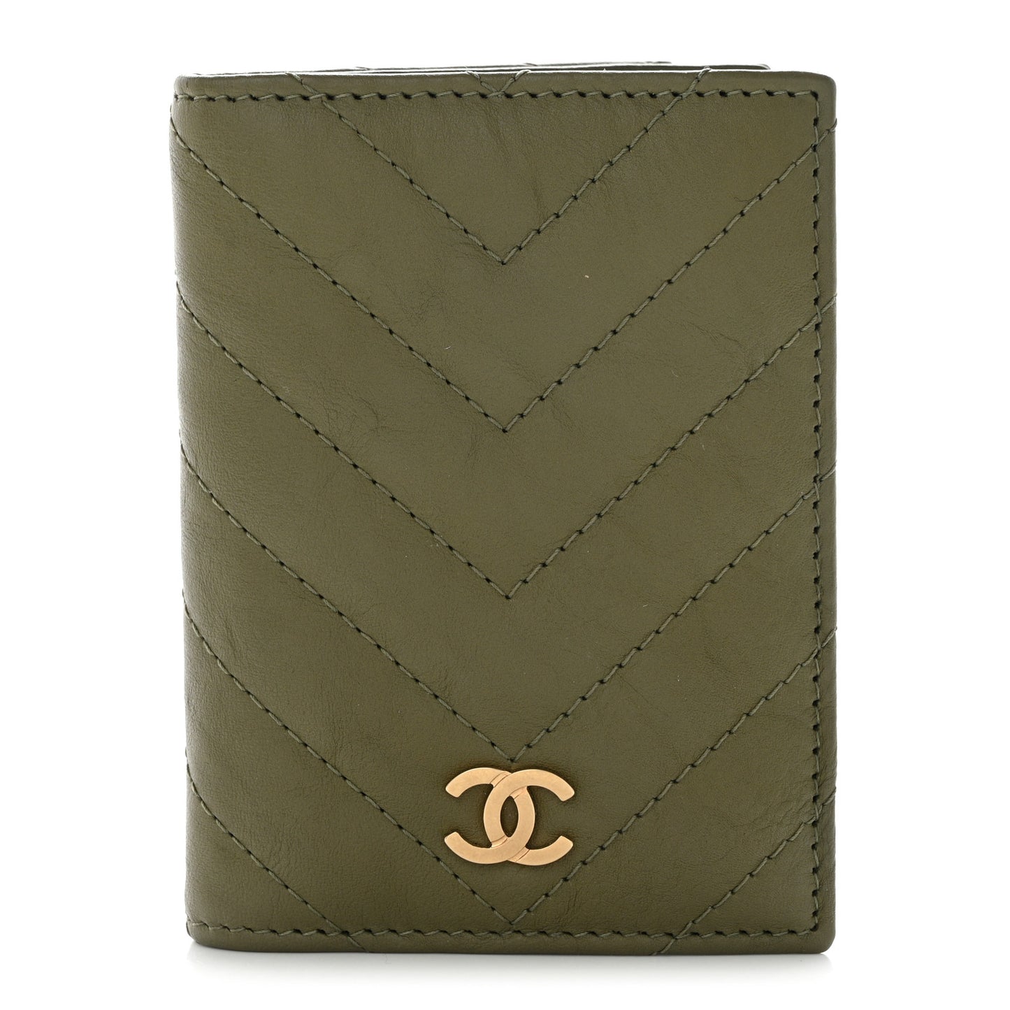 Calfskin Chevron Quilted Card Holder Wallet Khaki