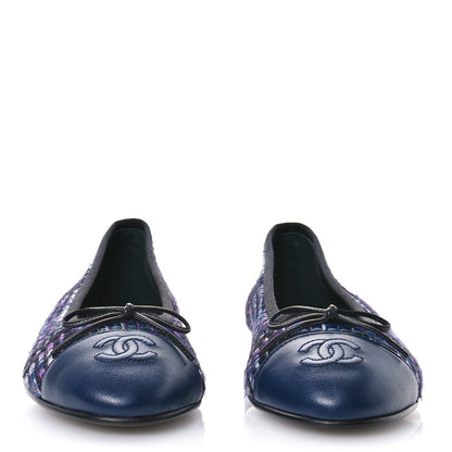Chanel Wool Tweed Lambskin Cap Toe Ballerina Flats 37.5 Black Purple Blue White 3 of 9