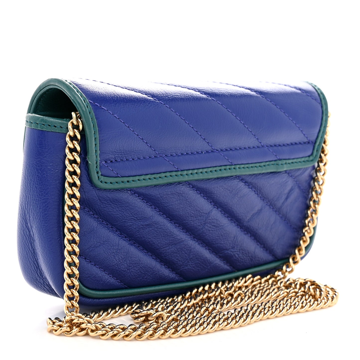 Azalea Calfskin Enamel Matelasse Diagonal Super Mini Torchon GG Marmont Shoulder Bag Imperial Blue Pavone