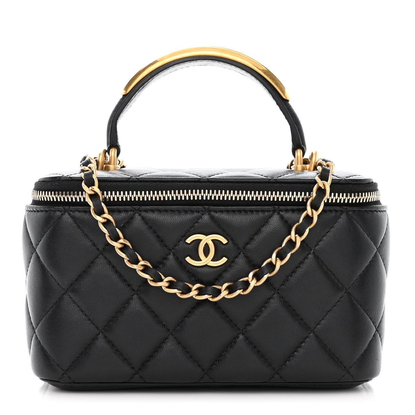 Lambskin Quilted Metal Small Top Handle Vanity Case With Chain Black