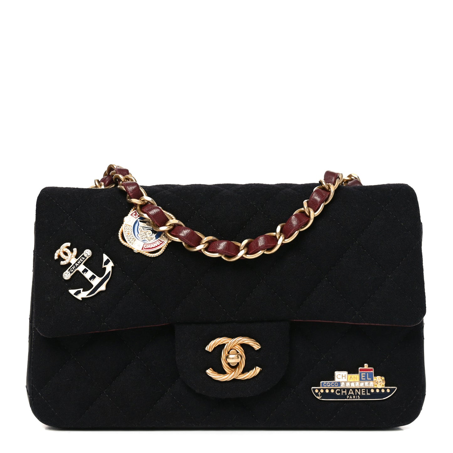 Felt Quilted Paris-Hamburg Charms Mini Rectangular Flap Black