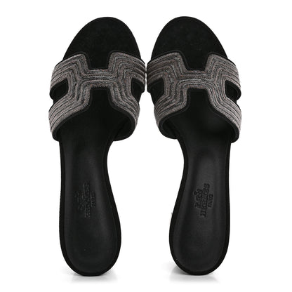 Hermes Chevre Velours Dabka Embroidered Oasis Sandals 37 Black 2 of 10