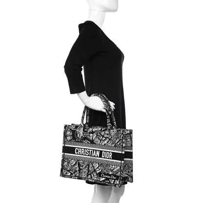 Christian Dior Canvas Embroidered Medium Plan De Paris Book Tote Black White 2 of 10
