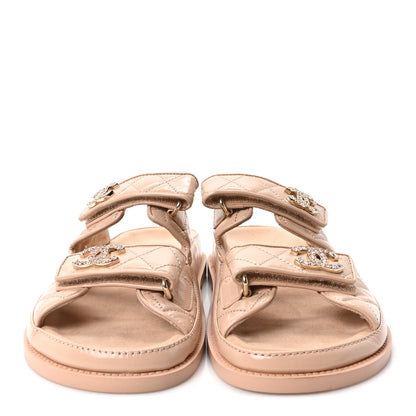 Chanel Shiny Calfskin Quilted Velcro Dad Crystal CC Slide Sandals 38 Beige 3 of 9