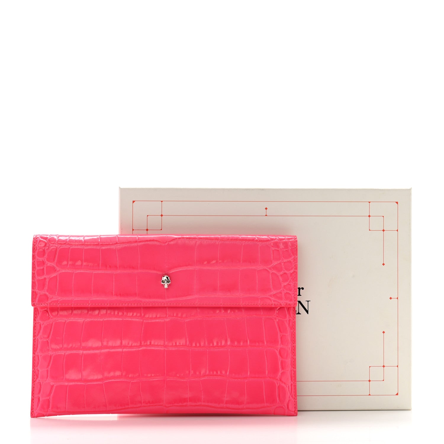 Alexander McQueen Calfskin Crocodile Embossed Skull Envelope Clutch Pink 11 of 11