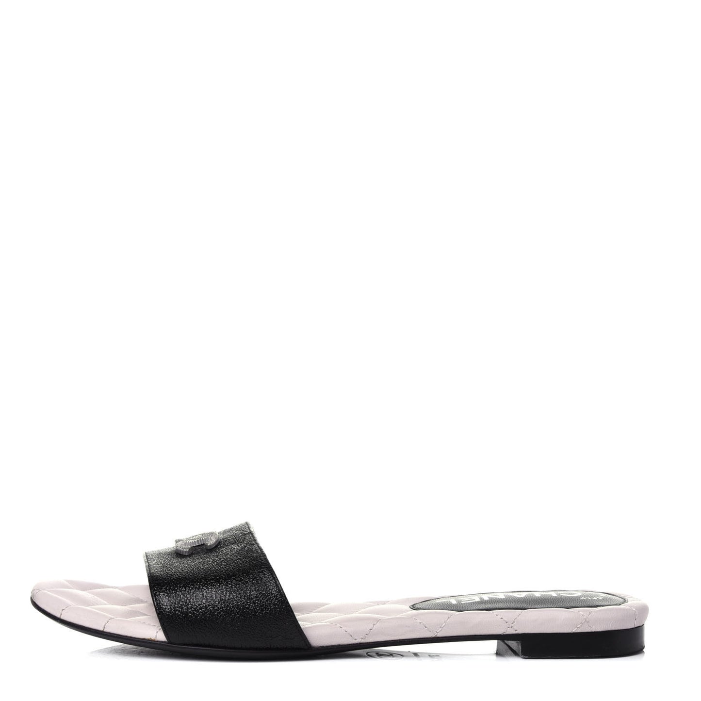 Goatskin Lambskin Quilted CC Sandal Mules 37.5 Black White