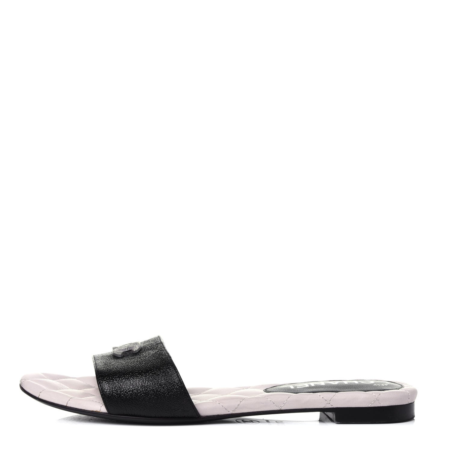Chanel Goatskin Lambskin Quilted CC Sandal Mules 37.5 Black White 1 of 12