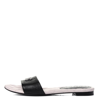 Chanel Goatskin Lambskin Quilted CC Sandal Mules 37.5 Black White 1 of 12