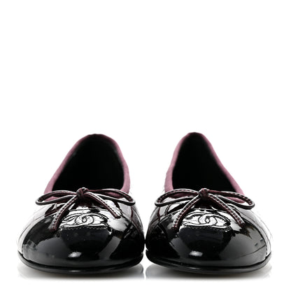 Chanel Crocodile Embossed Patent Calfskin Cap Toe CC Ballerina Flats 37.5 Dark Burgundy Black 3 of 10