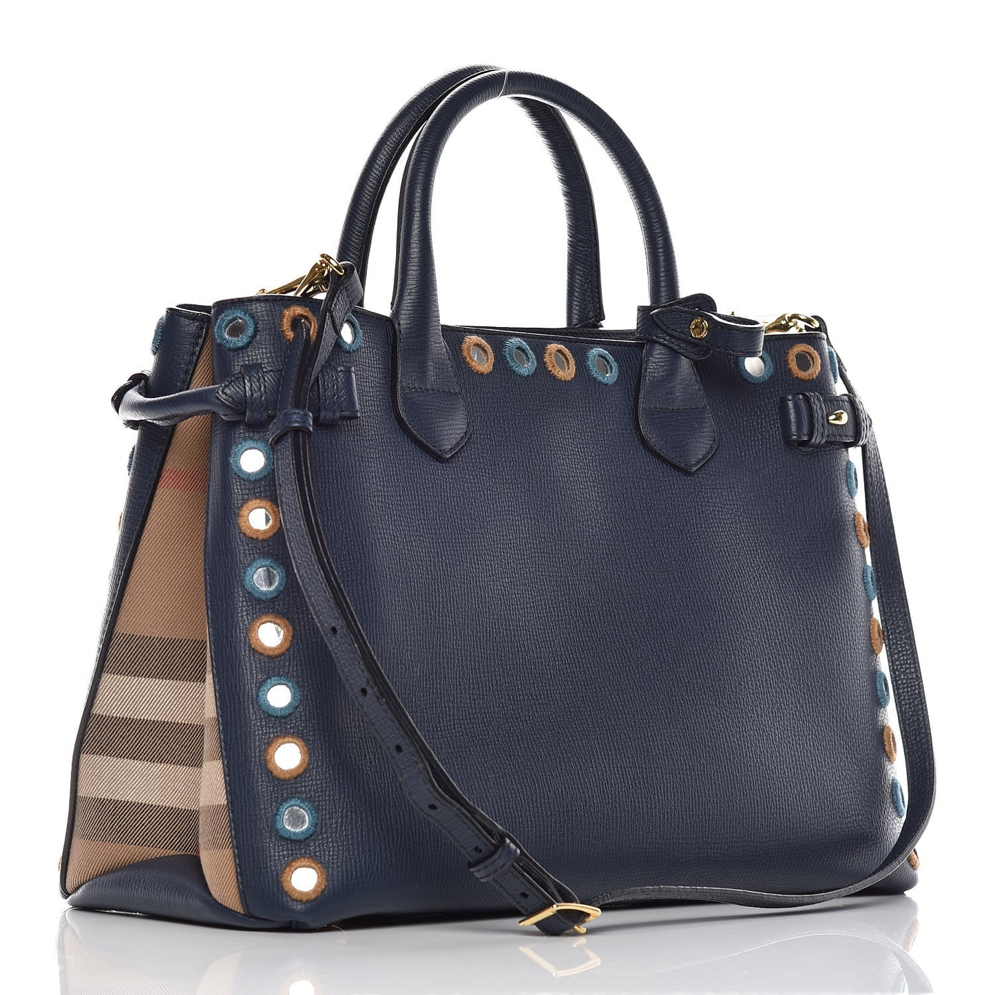 Calfskin House Check Mirror Embroidery Medium Banner Tote Blue