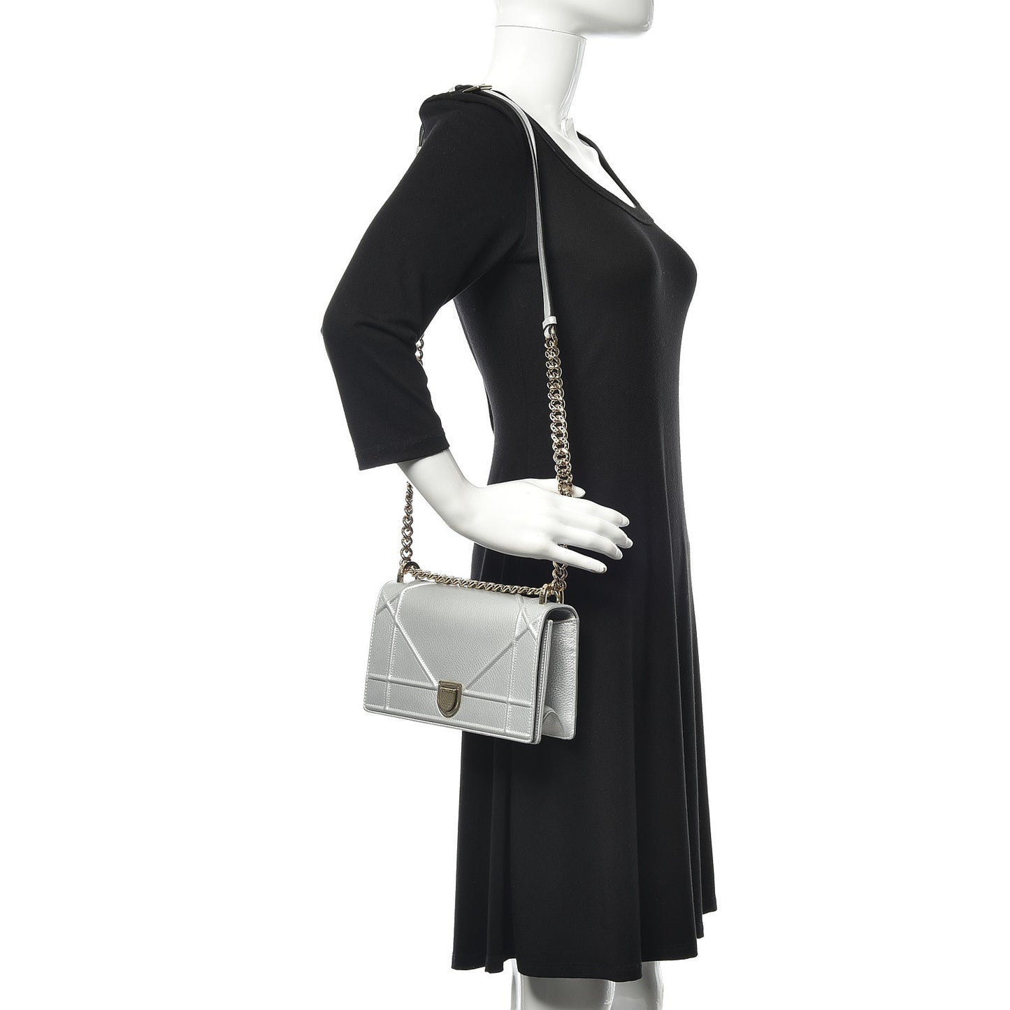 Metallic Grained Calfskin Small Diorama Flap Bag Silver