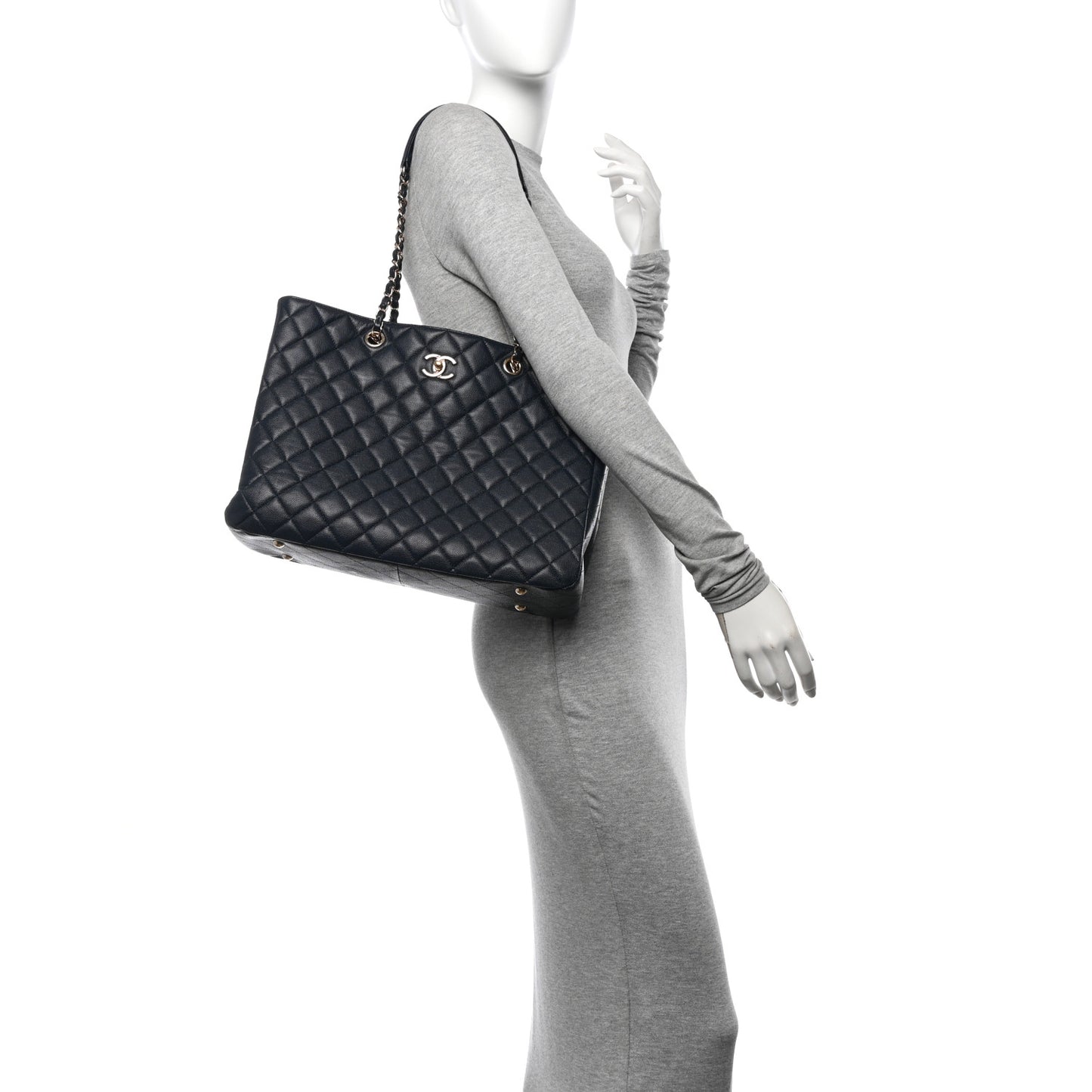 Caviar Quilted Large CC Shopping Tote Navy