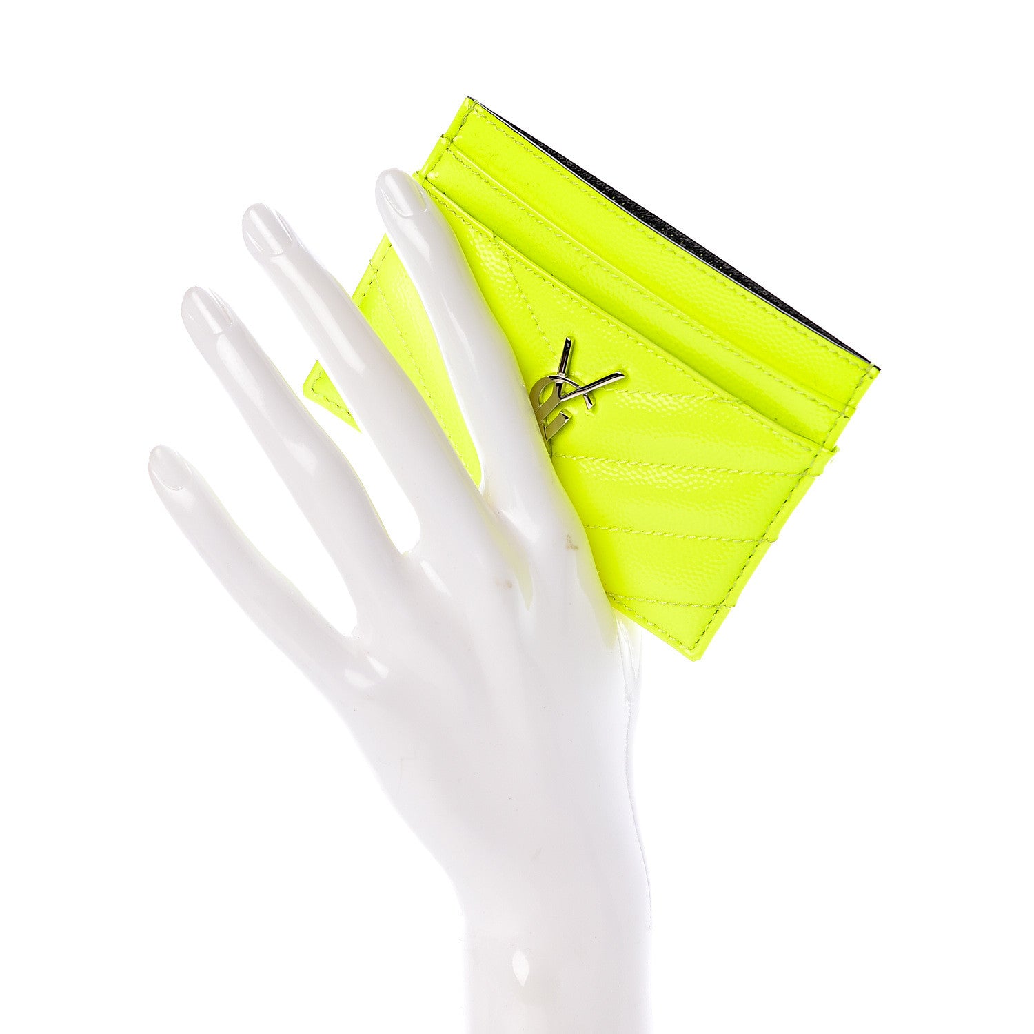 Saint Laurent Patent Grain De Poudre Matelasse Chevron Monogram Credit Card Case Neon Yellow 2 of 8
