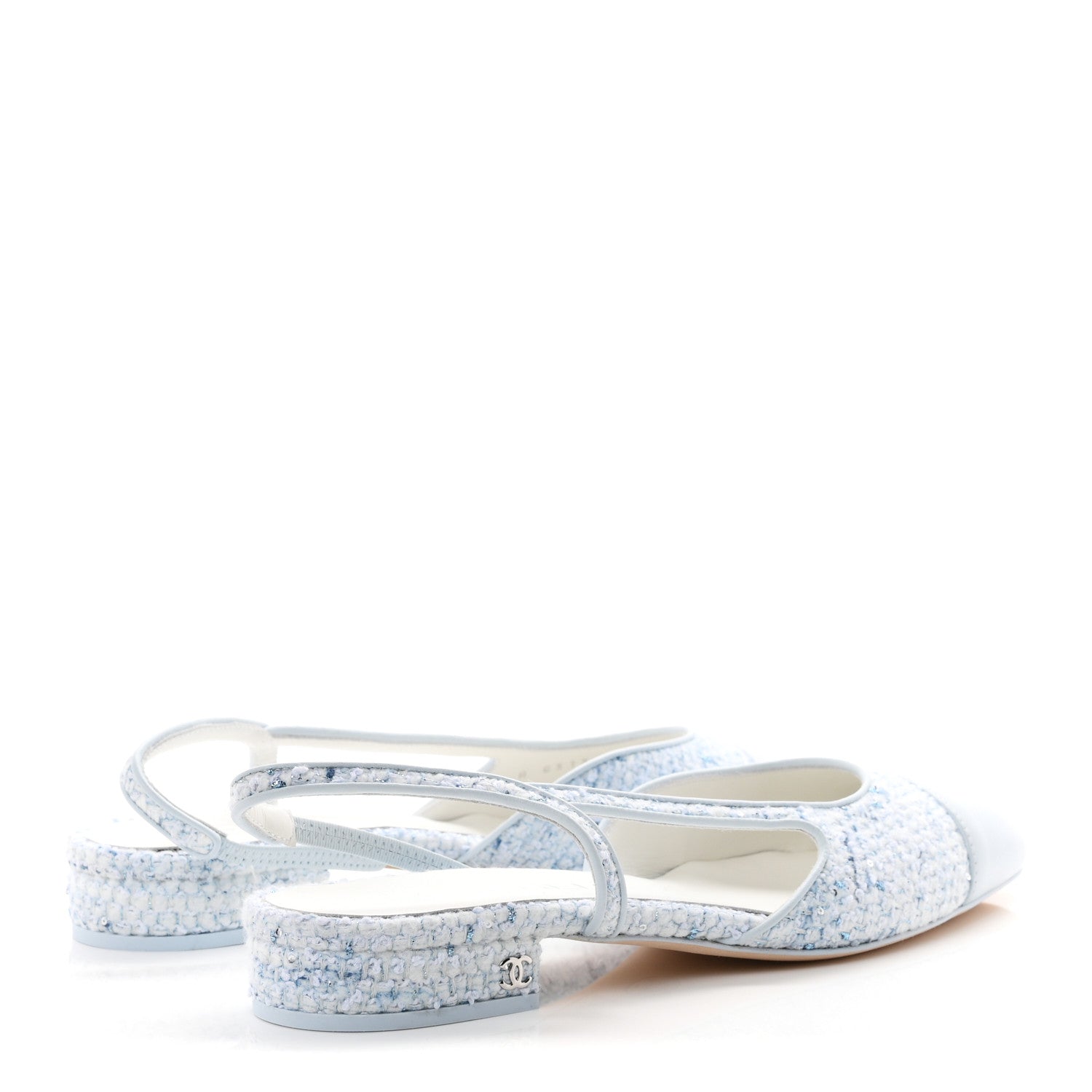 Chanel Tweed Lambskin Cap Toe Slingback Flats 39.5 Blue White Silver 5 of 10
