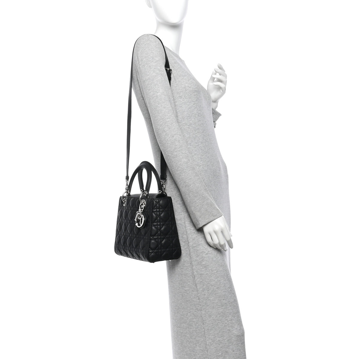 Christian Dior Grained Calfskin Cannage Medium Lady Dior Black 2 of 10