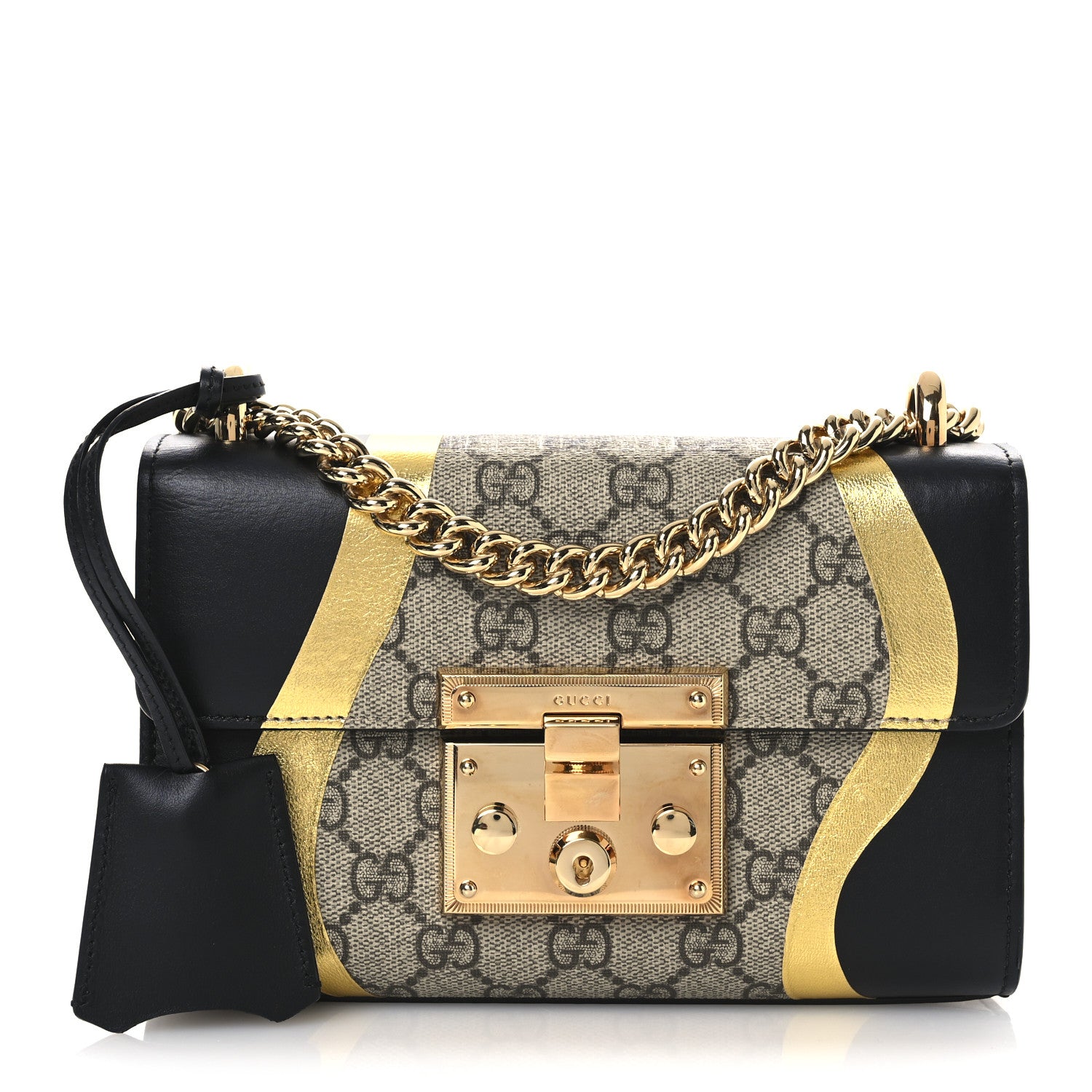 Gucci Calfskin GG Supreme Monogram Small Padlock Shoulder Bag Black Gold 1 of 14