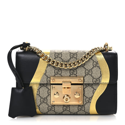 Gucci Calfskin GG Supreme Monogram Small Padlock Shoulder Bag Black Gold 1 of 14