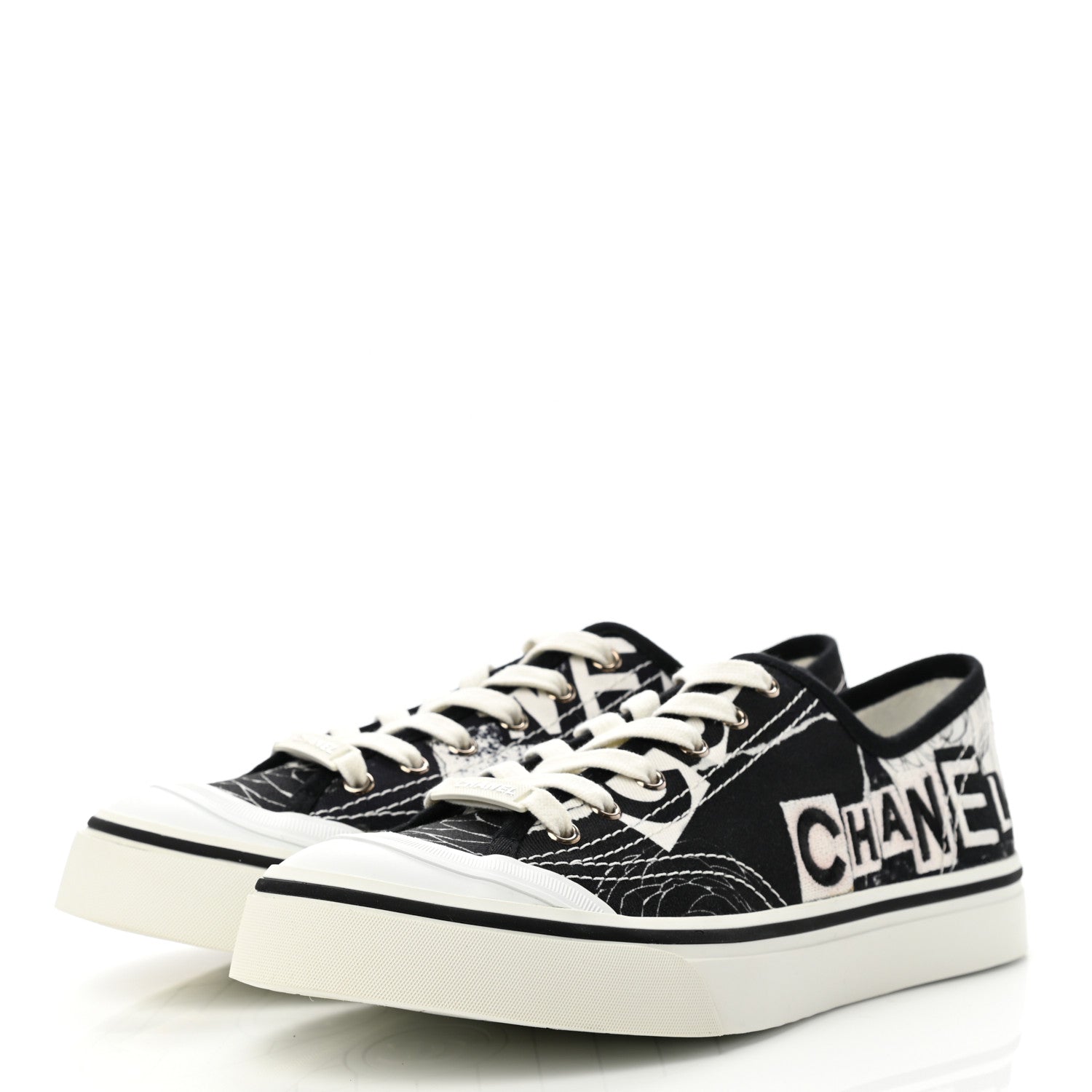 Chanel Printed Fabric Low Top Logo Sneakers 40.5 White Black 3 of 10