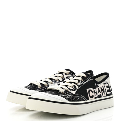 Chanel Printed Fabric Low Top Logo Sneakers 40.5 White Black 3 of 10