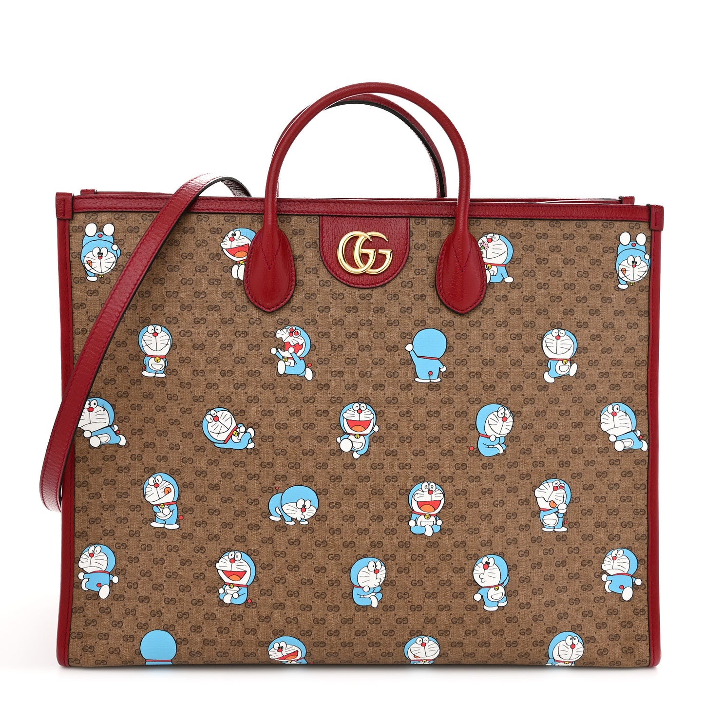X DORAEMON Mini Vintage GG Supreme Monogram Large Tote Bag Beige Cherry Red