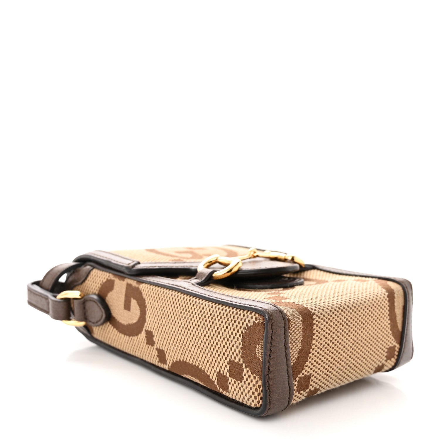 Gucci Monogram Jumbo GG Textured Dollar Calfskin Mini Horsebit 1955 Crossbody Bag Camel Ebony New Acero 4 of 12