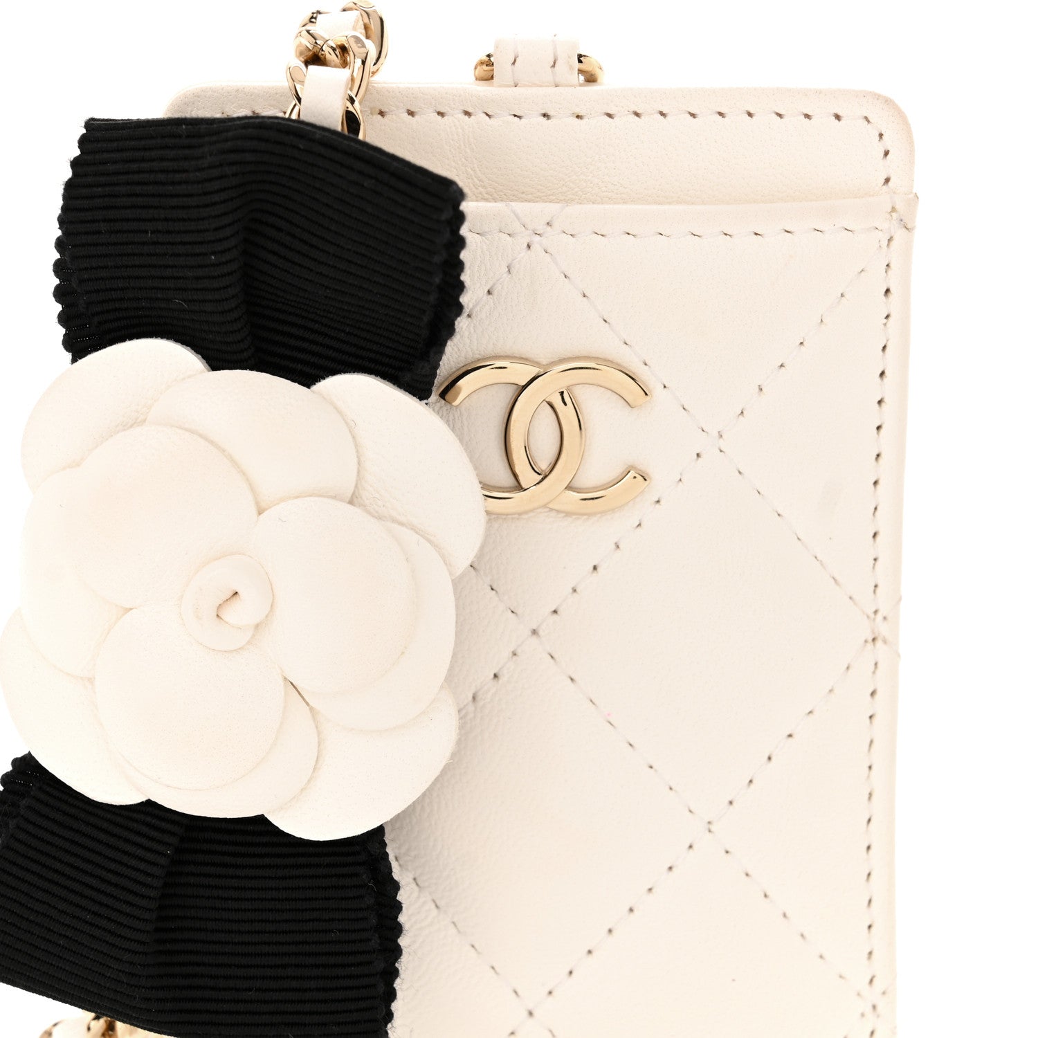 Chanel Lambskin Quilted Camellia Bow Card Holder On Chain White 9 of 11