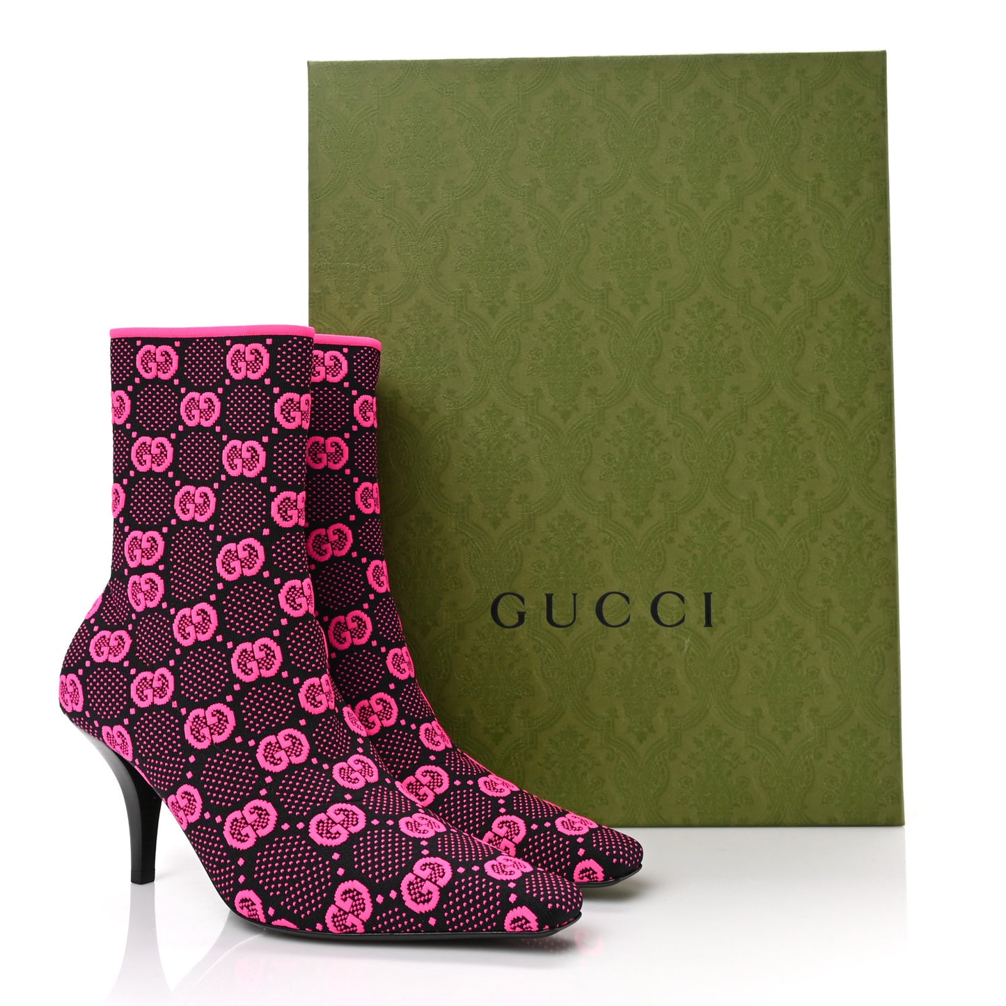 Technical Jersey Knit GG Monogram Square G 75mm Ankle Boots 38.5 Black Neon Fucsia