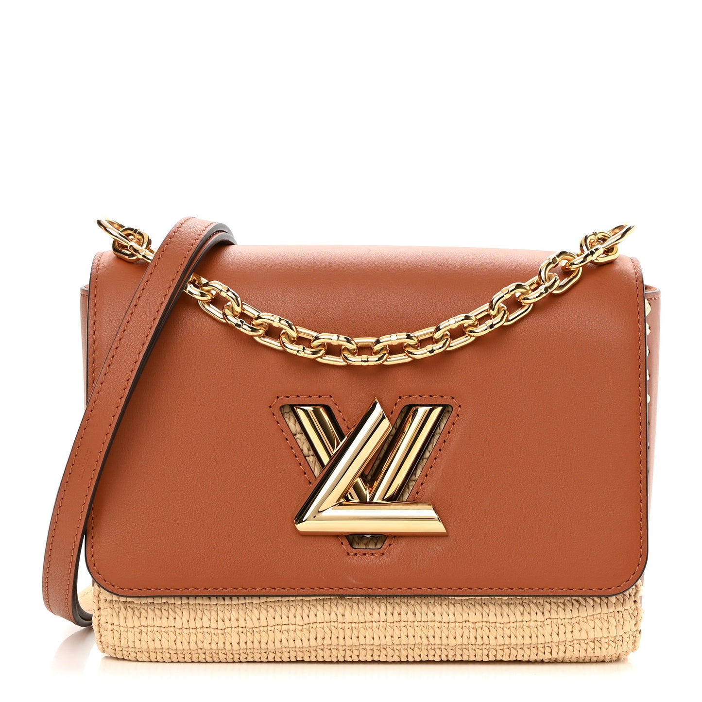 Calfskin Raffia Twist Shoulder Bag MM Caramel