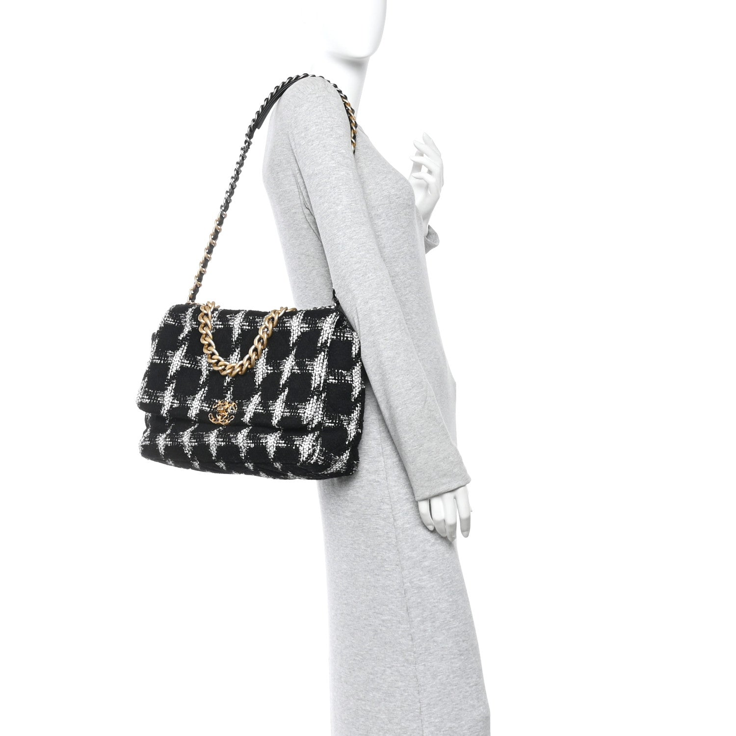 Chanel Tweed Quilted Maxi Chanel 19 Flap Black White 2 of 14