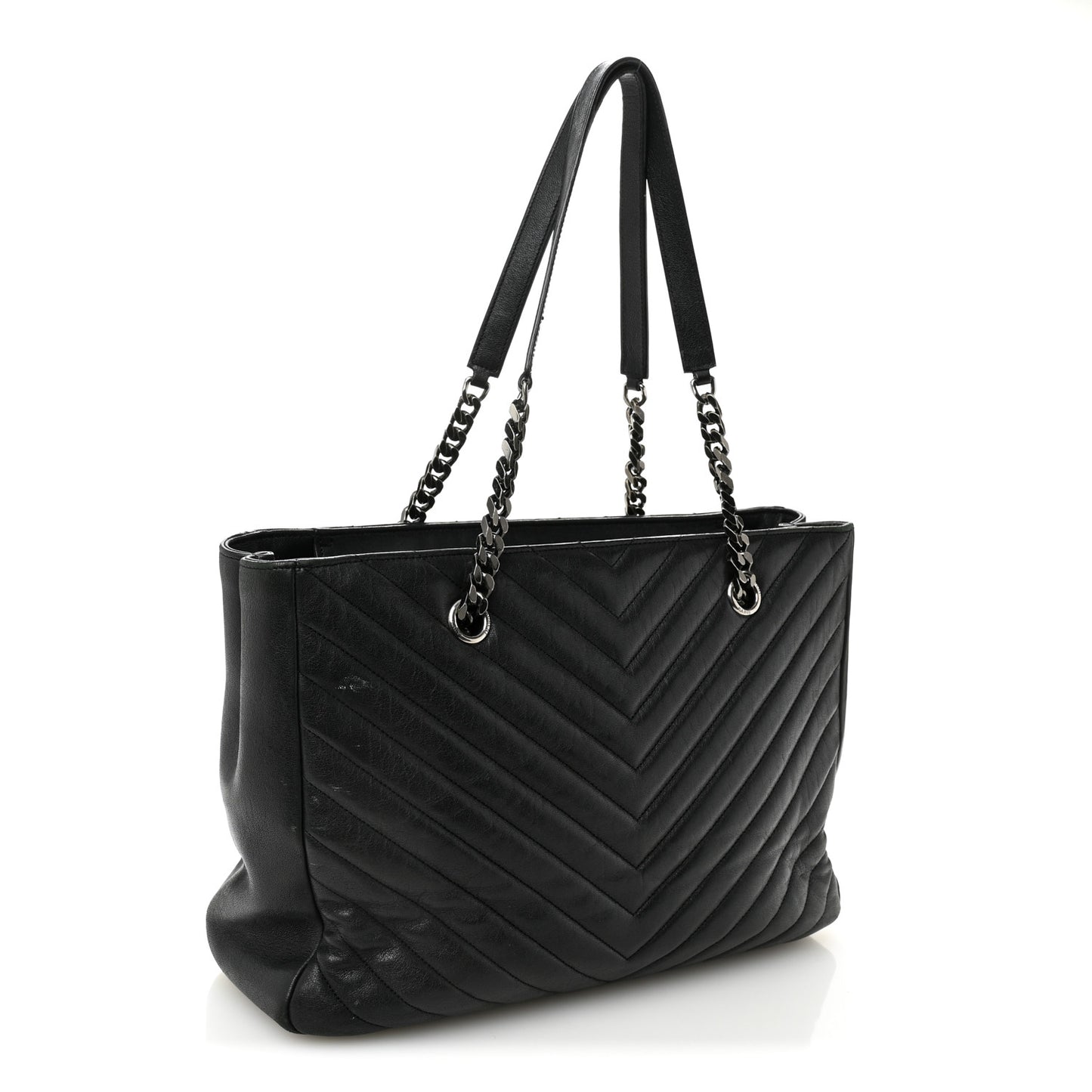 Sheepskin Matelasse Chevron Large Monogram Shopping Bag Black