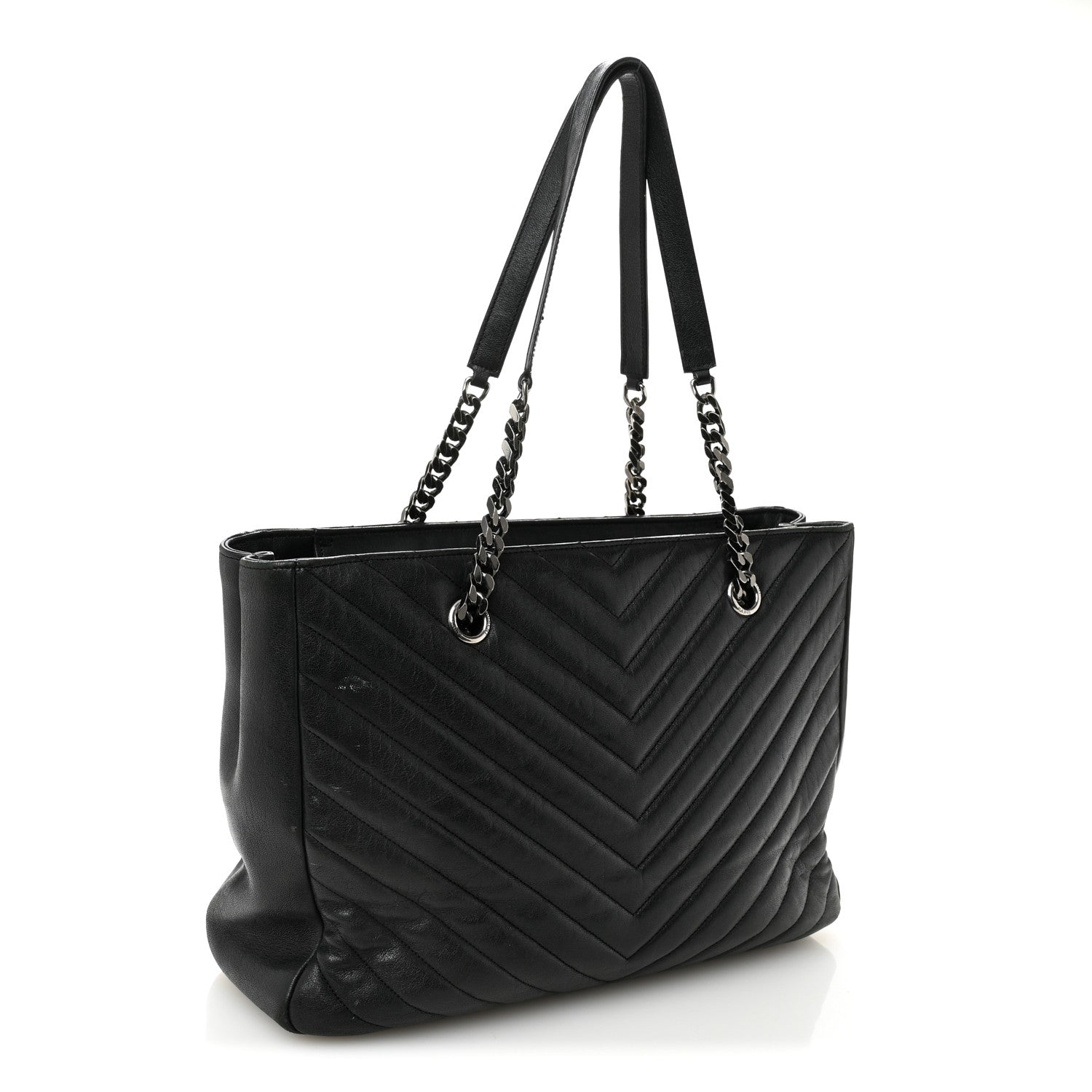 Saint Laurent Sheepskin Matelasse Chevron Large Monogram Shopping Bag Black 3 of 10
