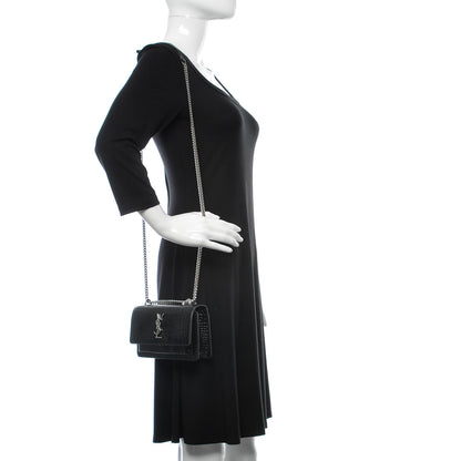 Saint Laurent Calfskin Crocodile Embossed Monogram Sunset Chain Wallet Black 2 of 11