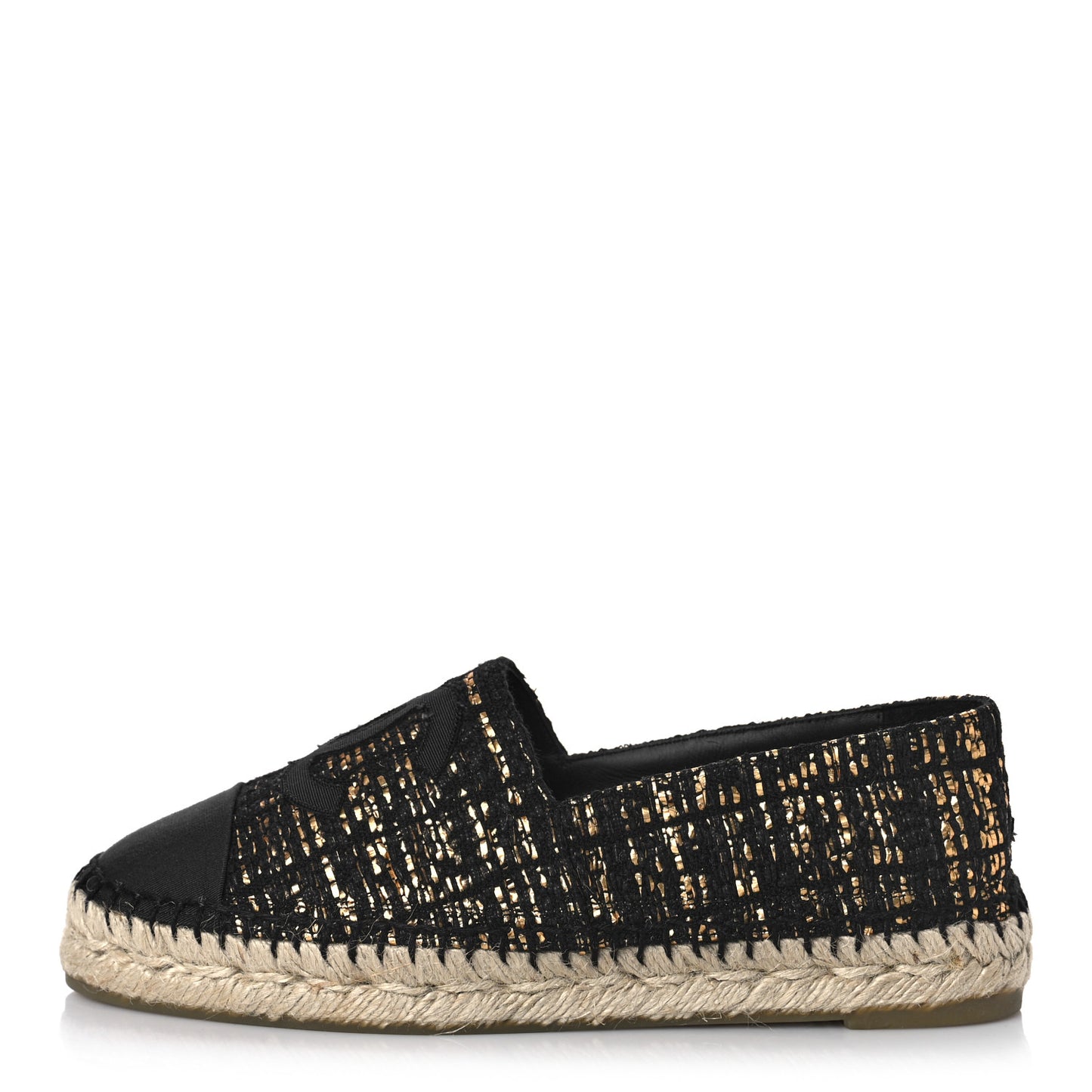 Metallic Tweed Grosgrain CC Espadrilles 37 Black Gold