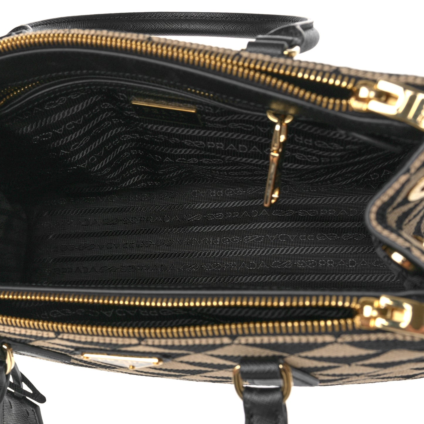 Jacquard Saffiano Triangolo Symbole Embroidered Small Galleria Double Zip Tote Black Corda