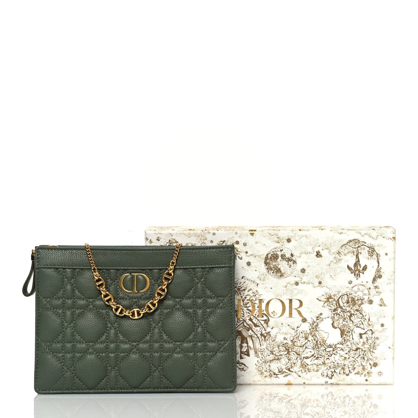 Calfskin Cannage Caro Zipped Pouch With Chain Cedar Green