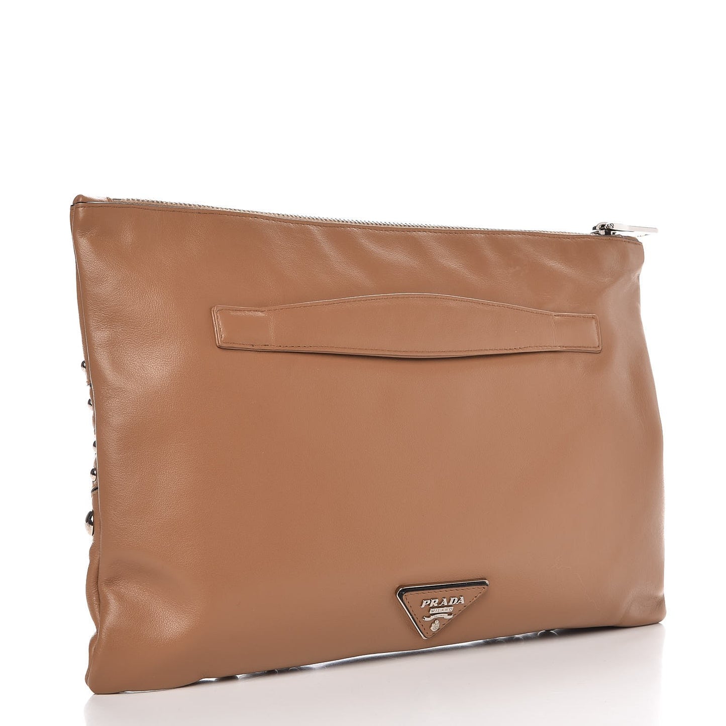 Soft Calfskin Studded Zip Clutch Caramel
