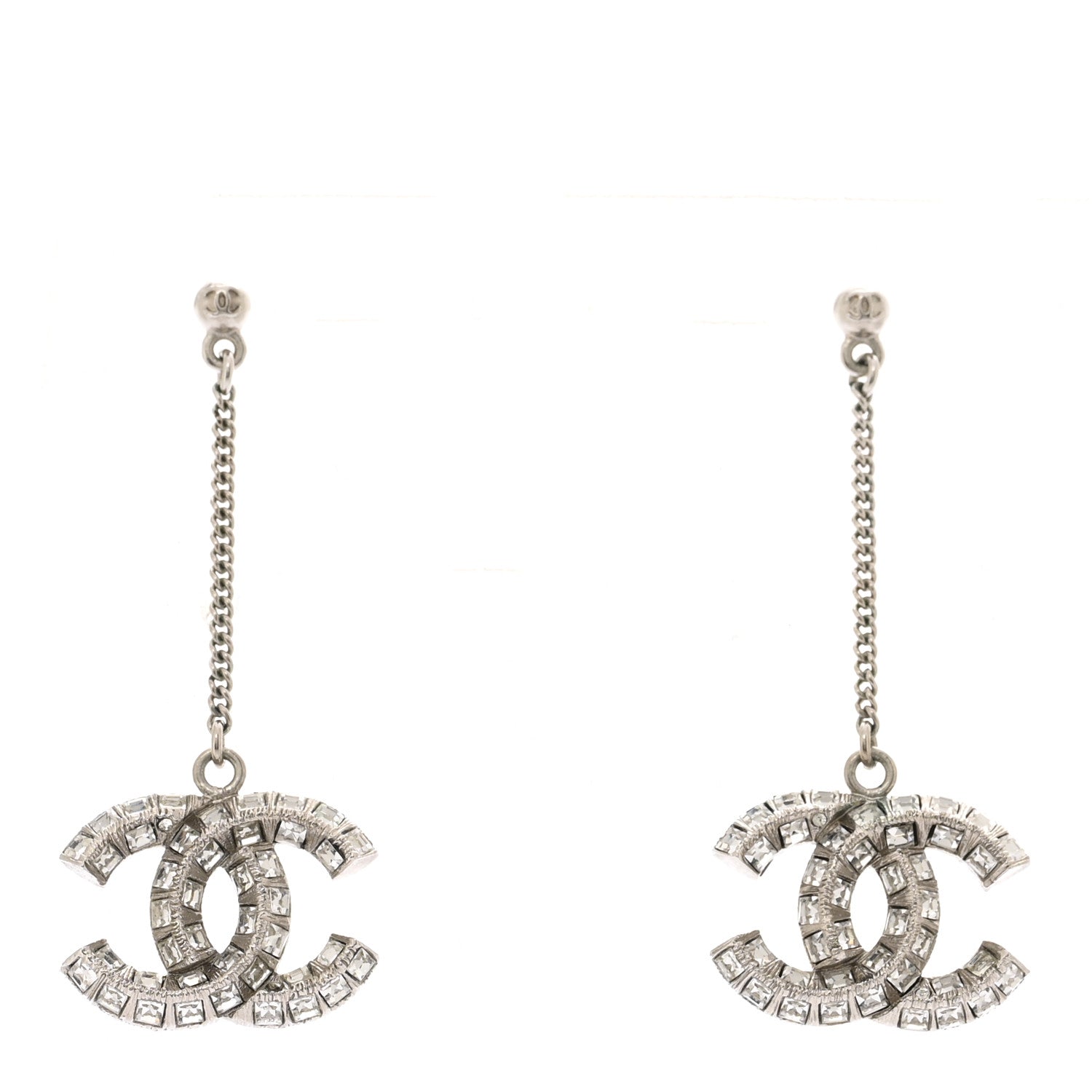 Chanel Baguette Crystal CC Drop Earrings Silver 1 of 4
