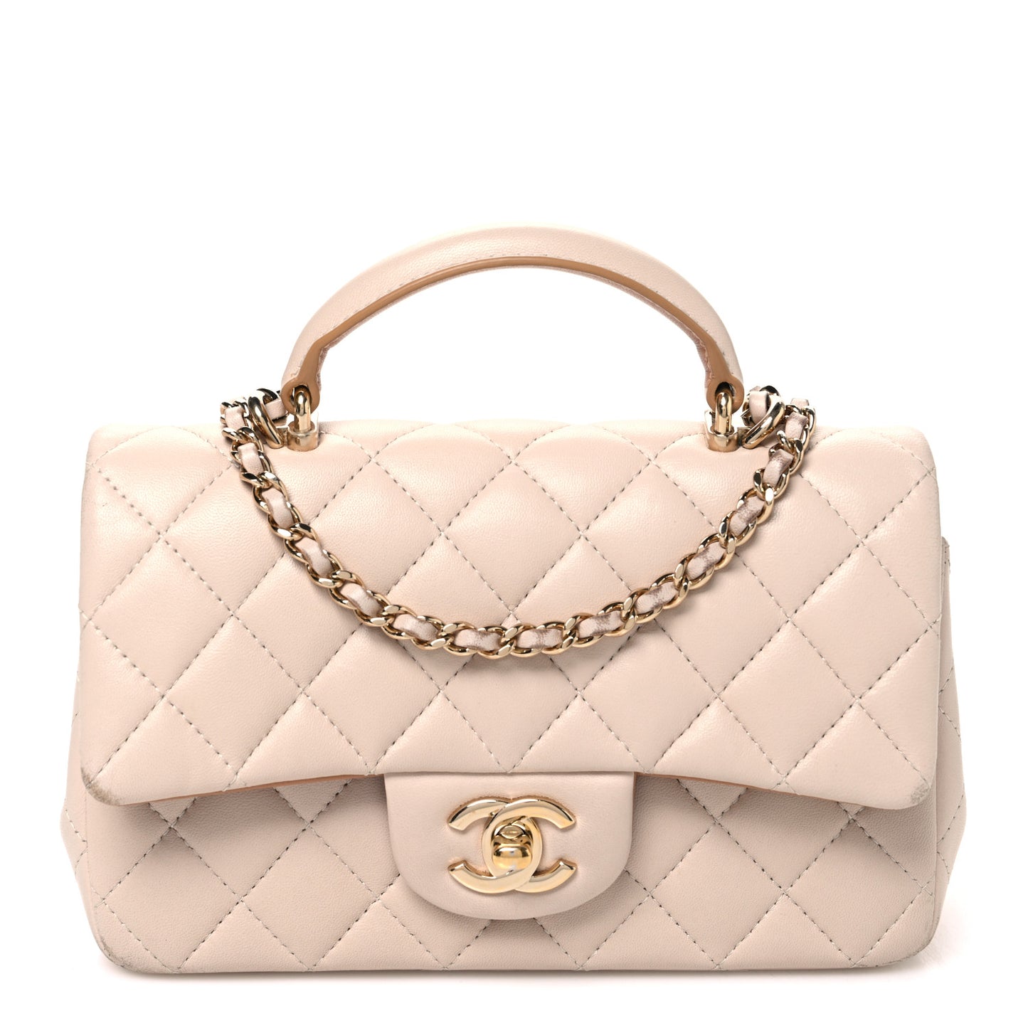 Lambskin Quilted Bi-Color Mini Top Handle Rectangular Flap Ecru Dark Beige