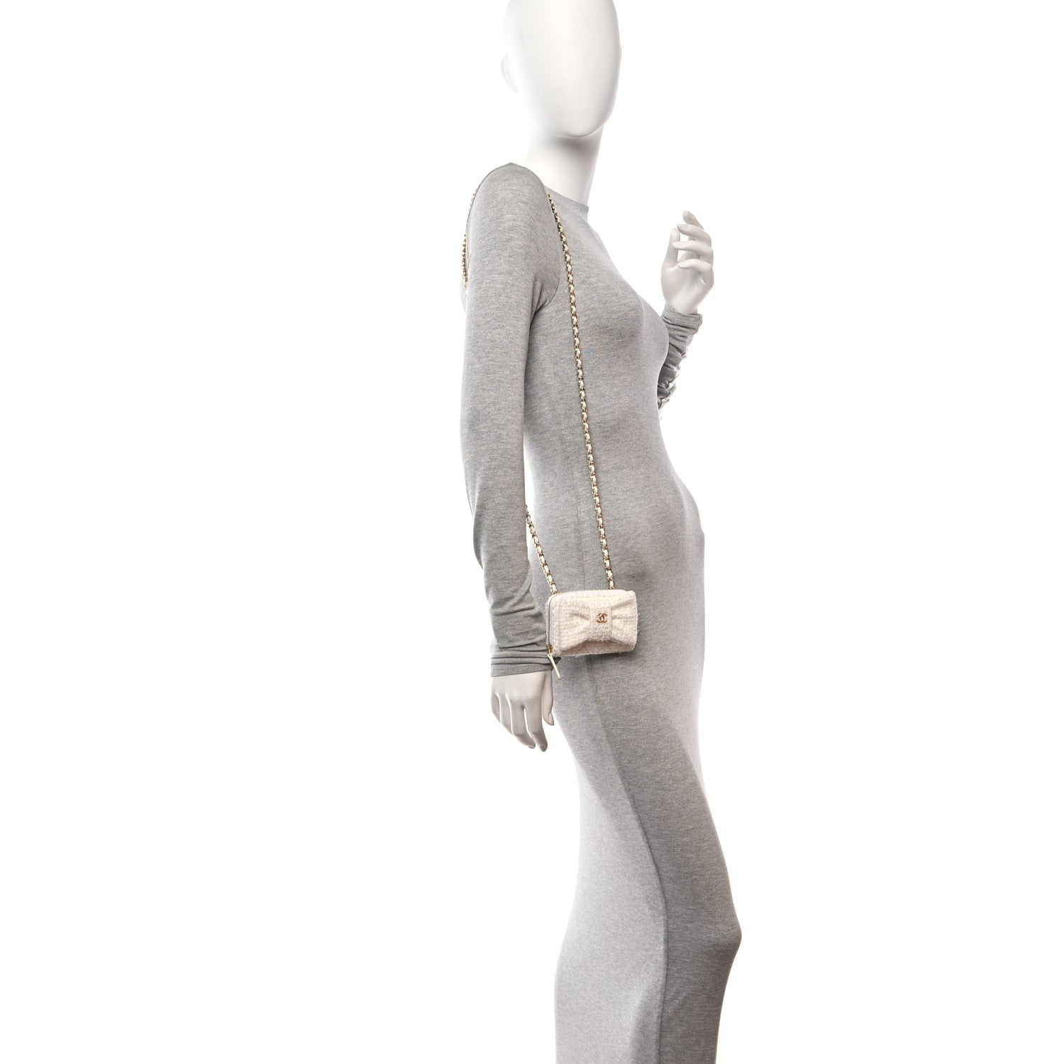 Chanel Tweed Quilted Bow Flap Card Holder On Chain White 2 of 12