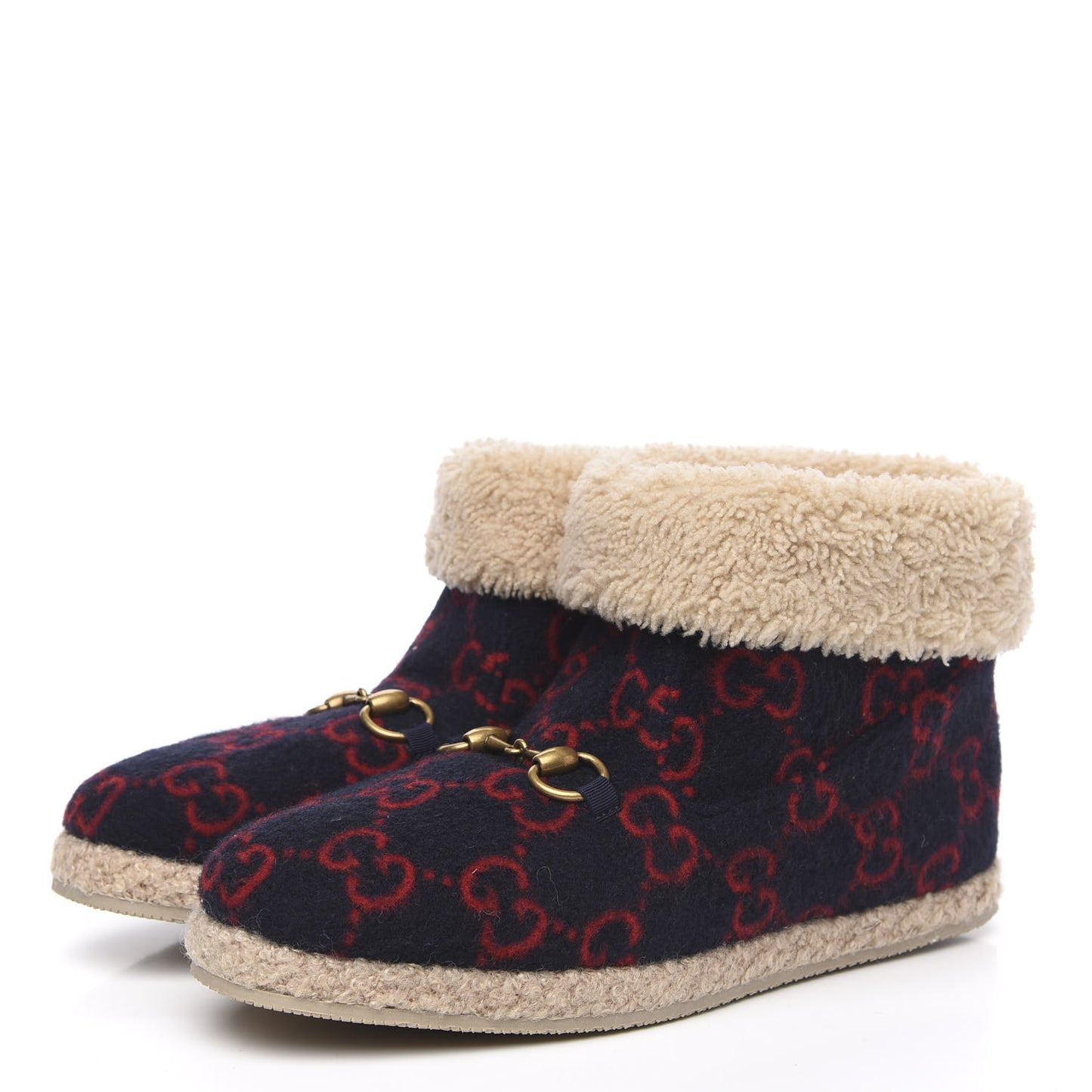Covered Wool GG Monogram Womens Fria Horsebit Ankle Boots 39.5 Blue Red Butterscotch