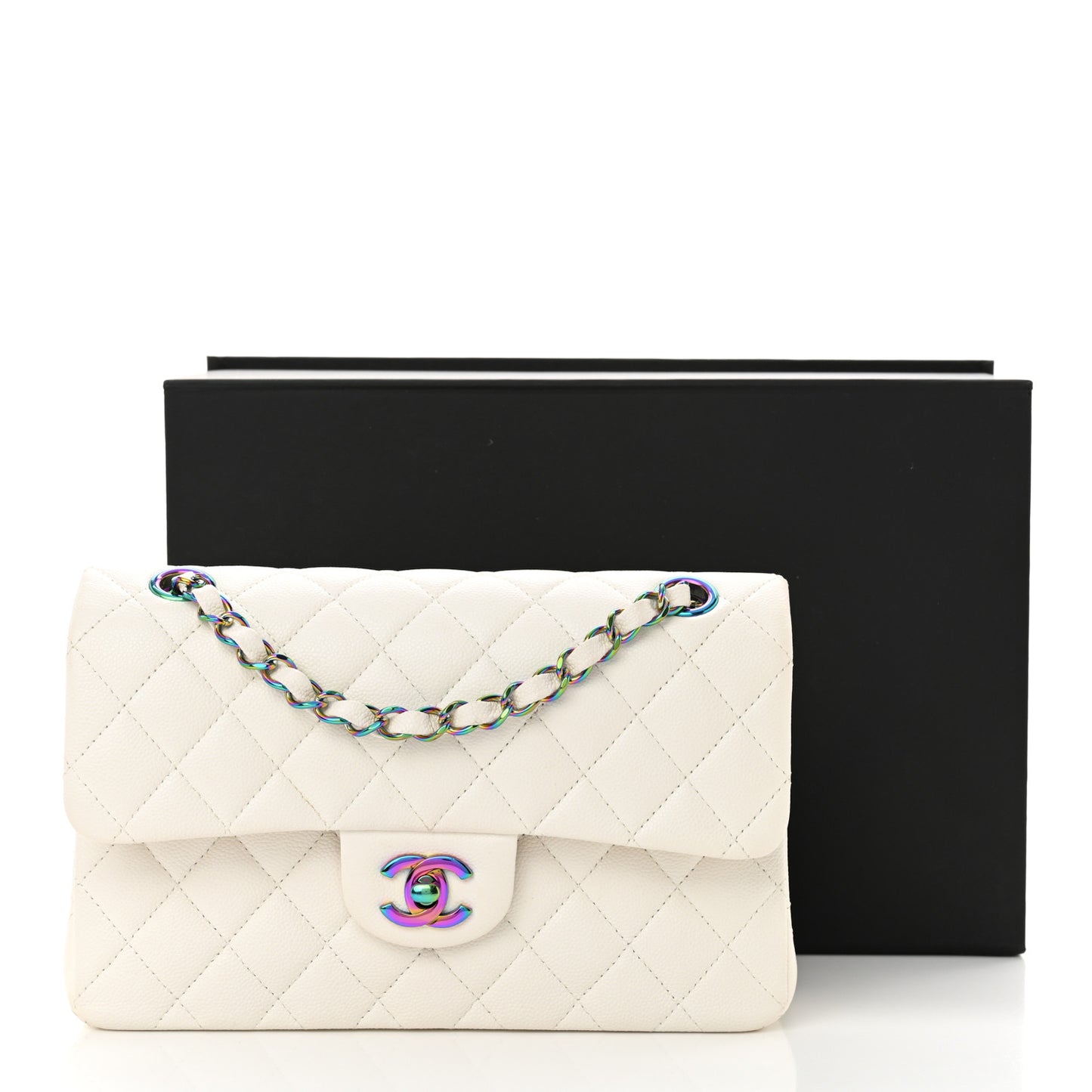 Caviar Quilted Rainbow CC Small Double Flap White
