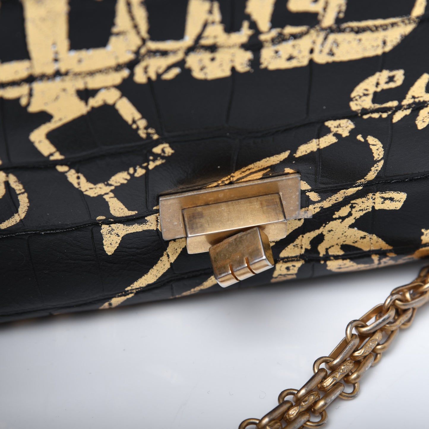 Calfskin Crocodile Embossed Graffiti 2.55 Mini Cocodile Reissue Flap Black Gold