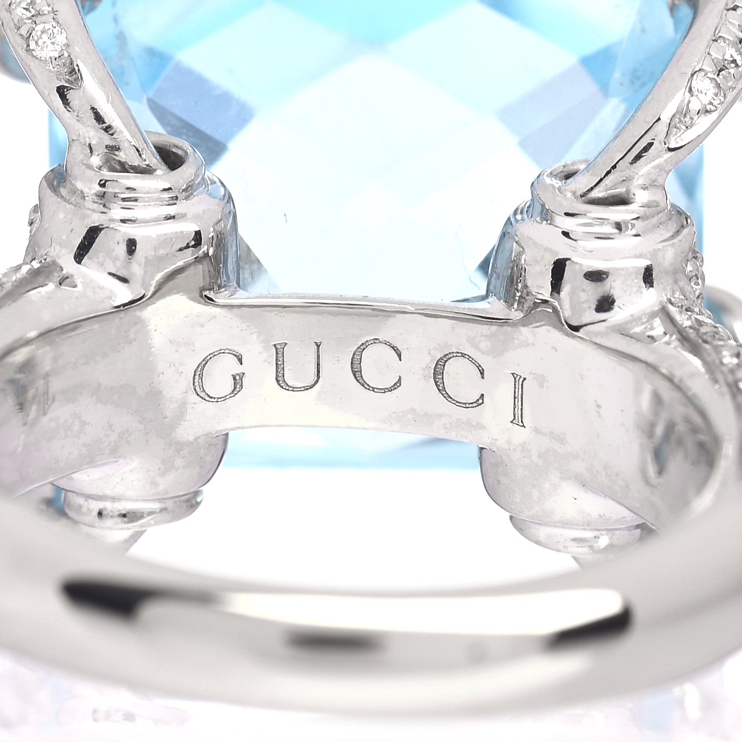 Gucci 18K White Gold Diamond Blue Topaz Pave Horsebit Ring 53 6.5 5 of 6