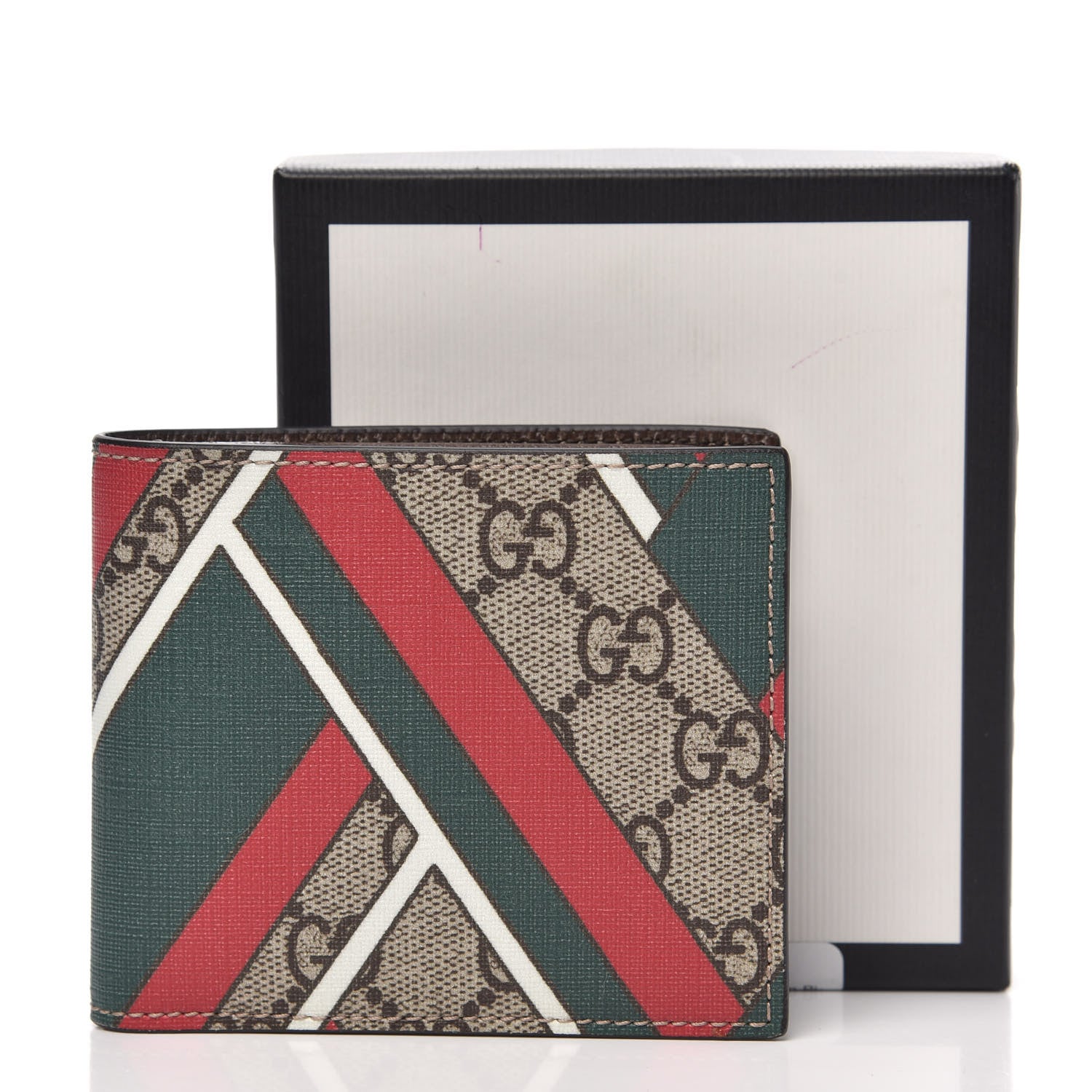 Gucci GG Supreme Monogram Chevron Bi-Fold Wallet Beige Green Red New Acero 8 of 10