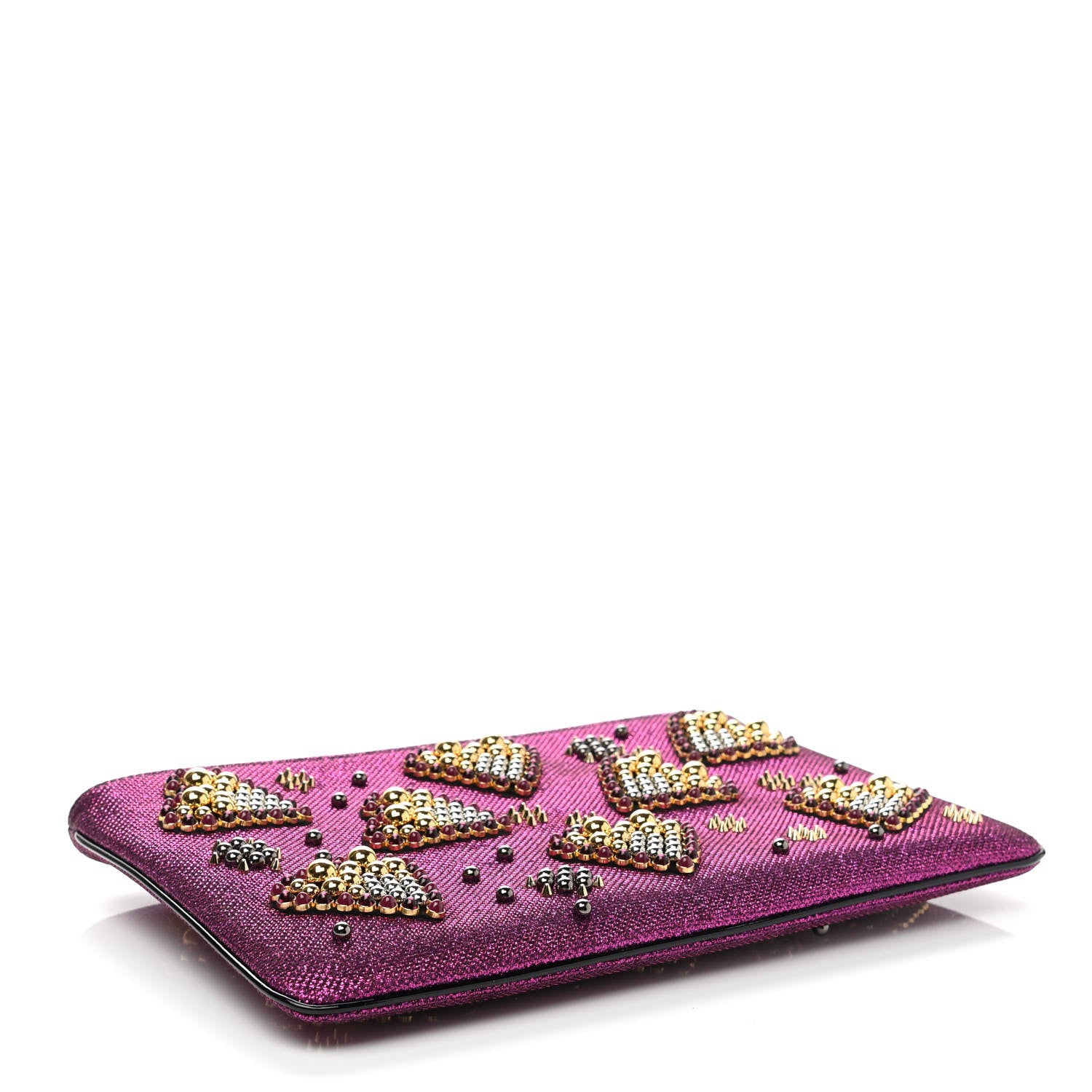 Christian Louboutin Metallic Raffia Studded Loubiposh Chain Clutch Magenta 4 of 7