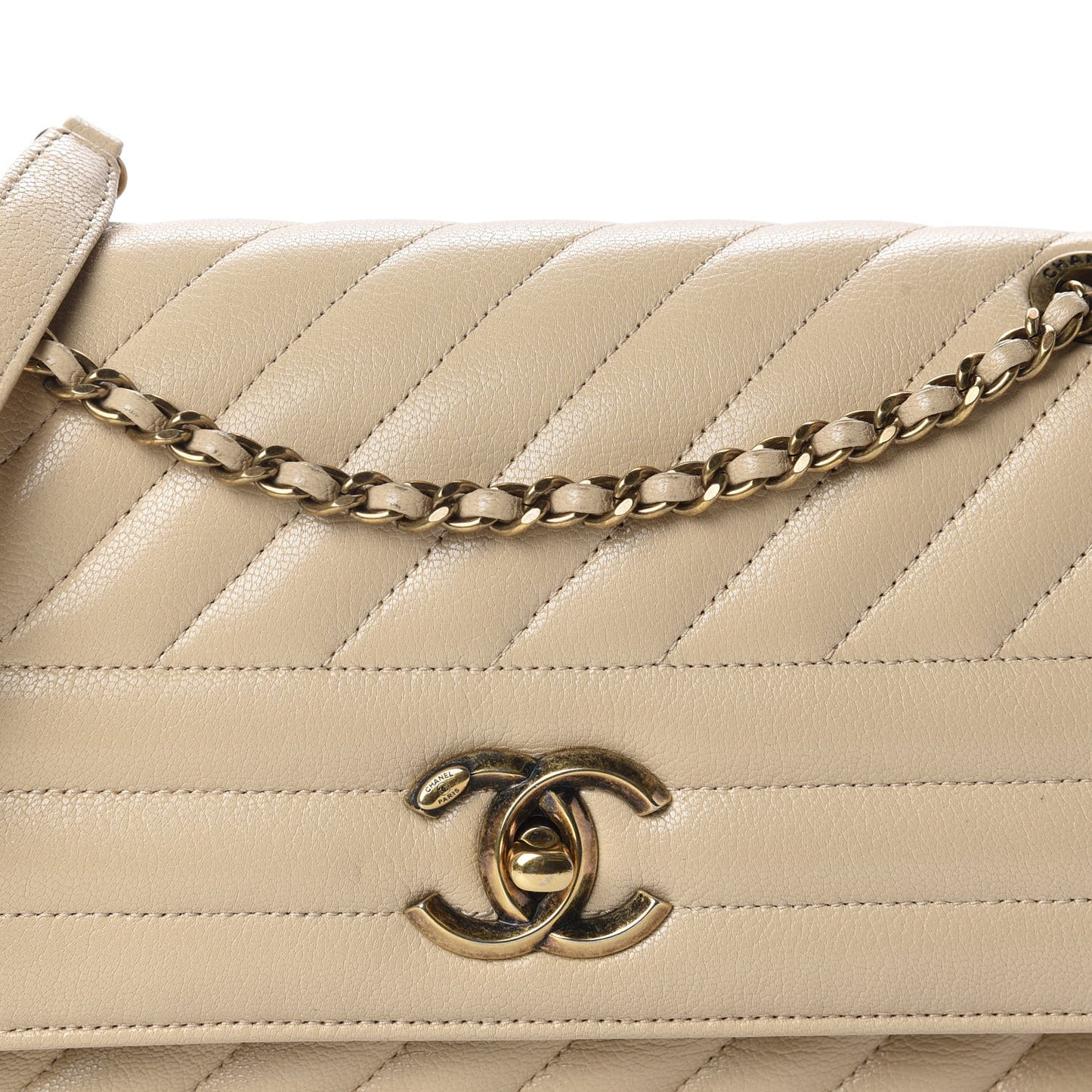 Shiny Goatskin Diagonal Quilted Small Flap Beige