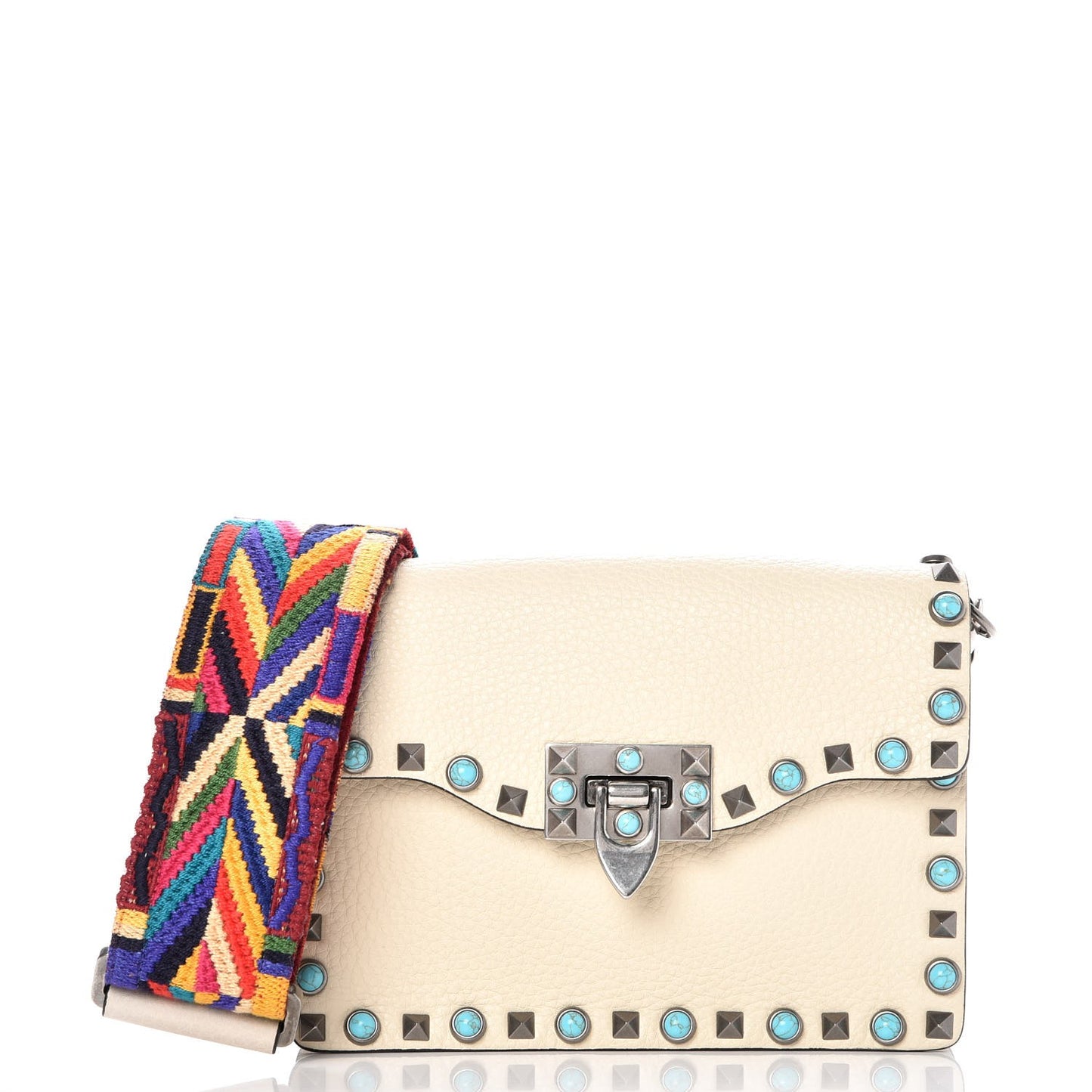 Grained Calfskin Small Guitar Strap Rockstud Rolling Shoulder Flap Bag Light Ivory