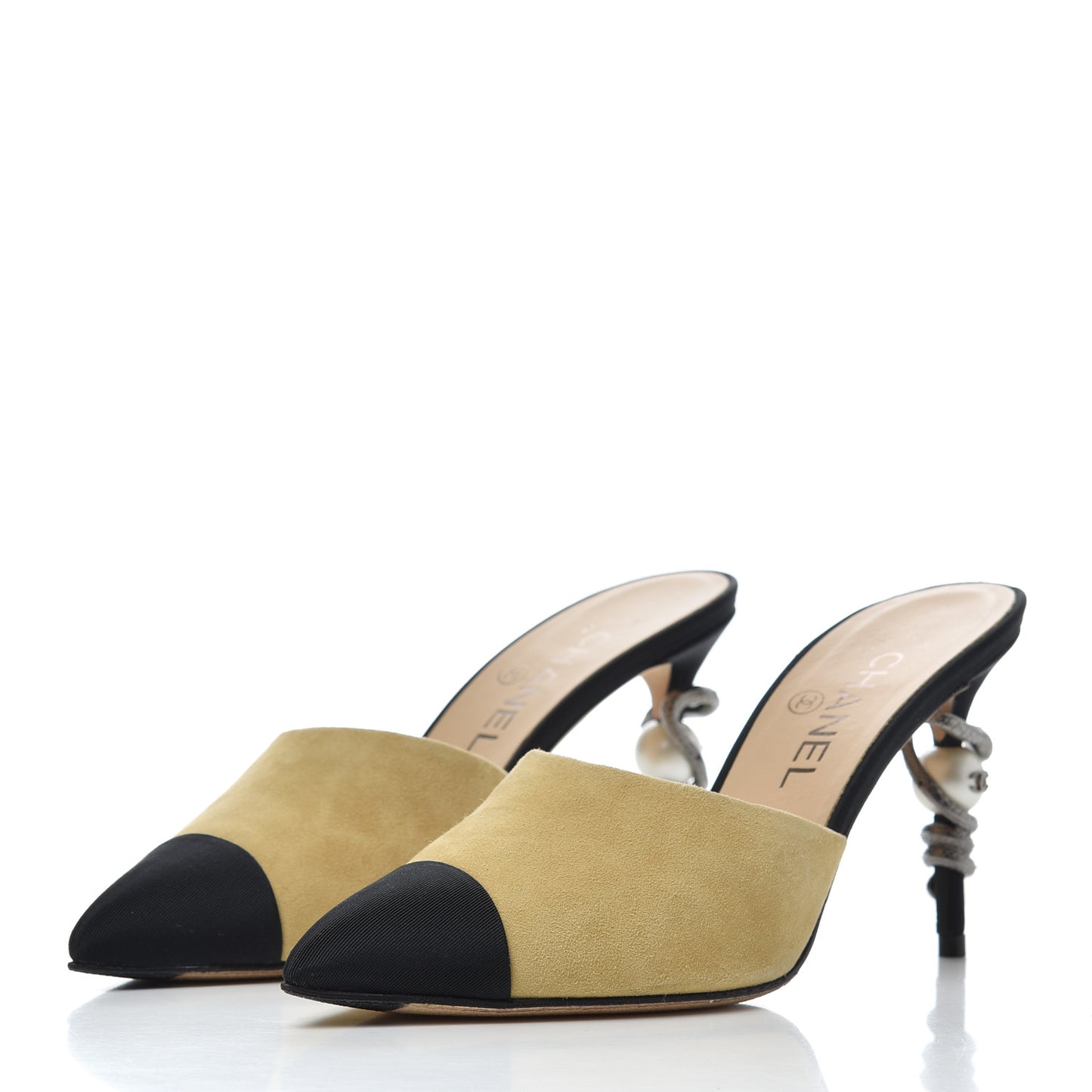 Suede Grosgrain Cap Toe Snake Pearl Mule 37.5 Beige Black
